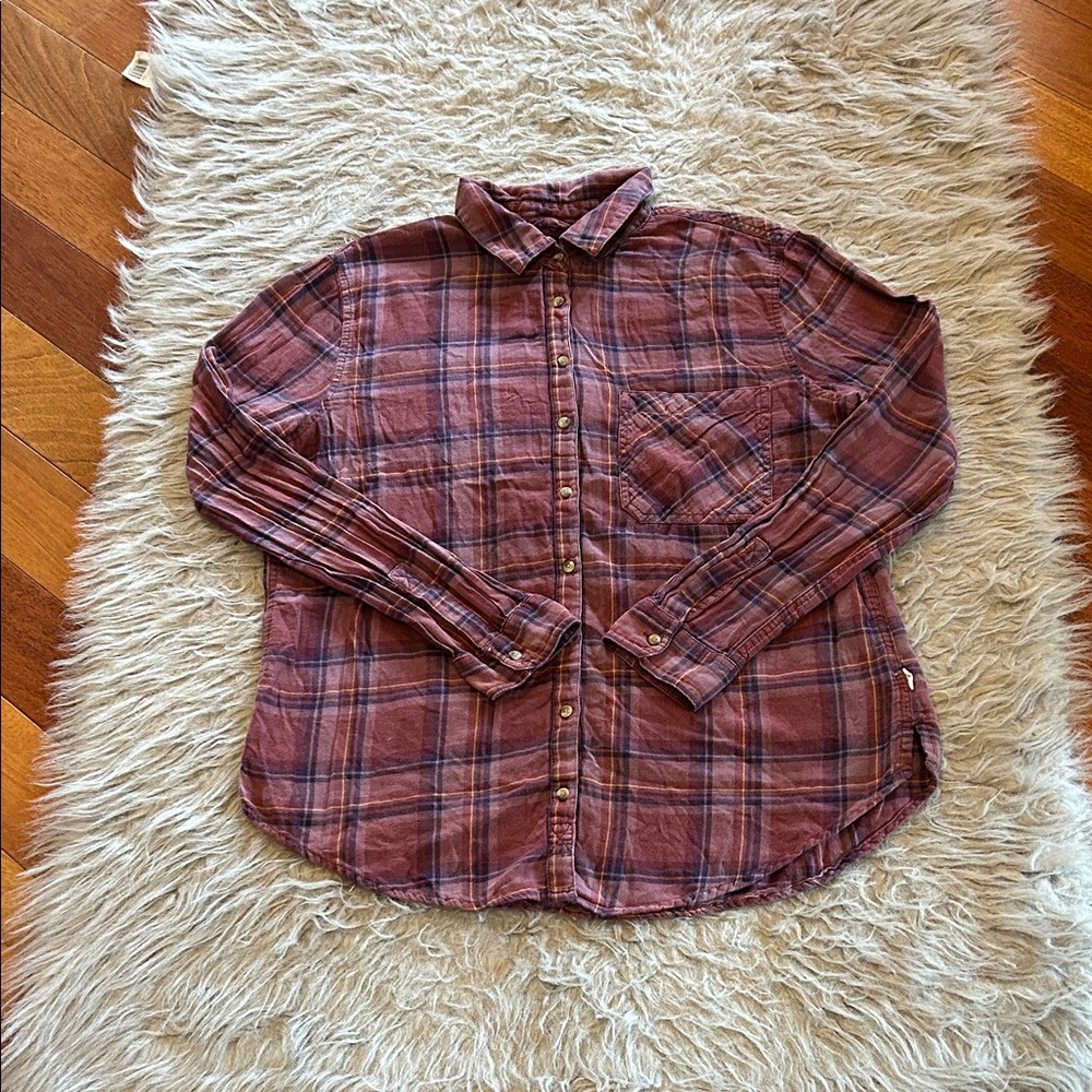 Garage Boyfriend Fit Long Sleeve‎ Purple And Blue Plaid Cotton Flannel  Shirt